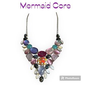 Mosaic 925 Silver Labradorite Mother of Pearl Chalcedony Glass Bib Necklace